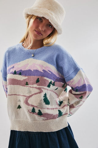 Long Sleeve Crew Neck Snow Mountain Graphic Sweater