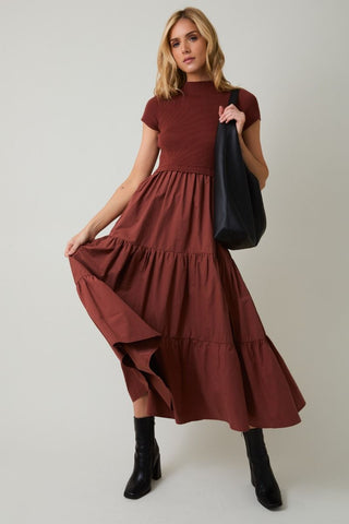 Mock Neck Tiered Midi Dress / Rust