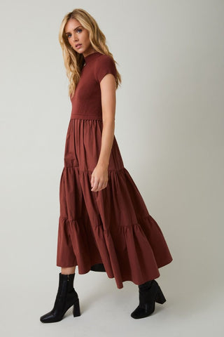 Mock Neck Tiered Midi Dress / Rust