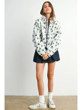 Floral Print Fleece Jacket / Ivory - Navy