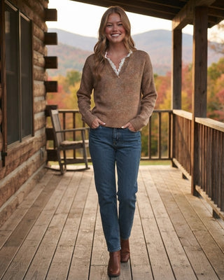 Chester Ruffle Trim V Neck Sweater / Mocha