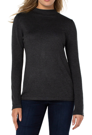 Mock Neck Rolled Hem Long Sleeve Charcoal Grey