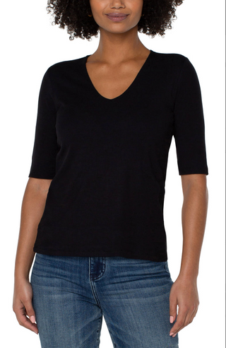 Double Layer V Neck Rib Knit Top/ Black