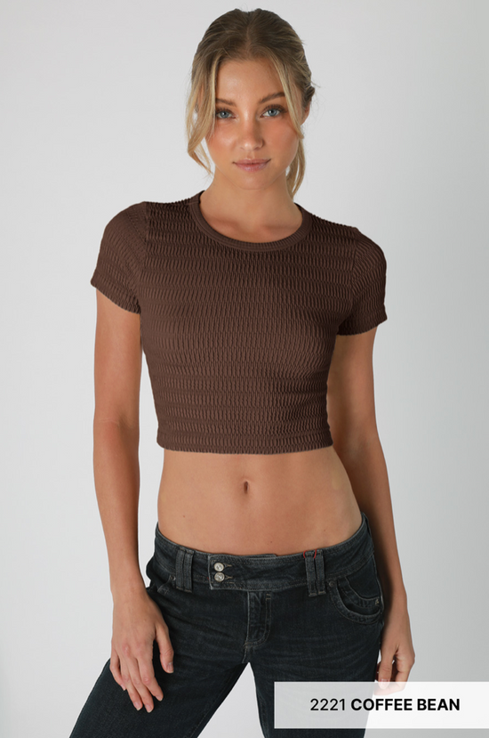 Shirred Short Sleeve Crop Top / Coffee Bean