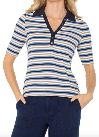 Shirred Half Sleeve Collared Henley Knit Top