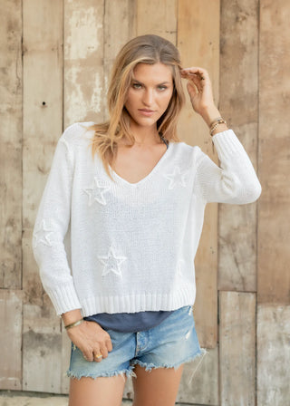 Star Embroidered 3/4 Sleeve V Cotton / Breaker White