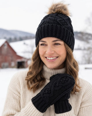 Black Cable Knit Pom Hat