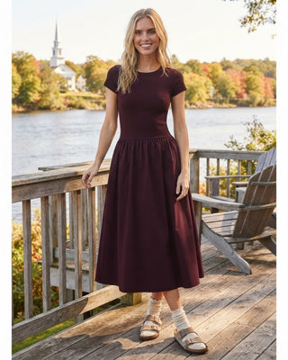Brenna Dual Fabric Midi Dress / Maroon