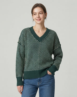 Heather Contrast Stitch V-Neck Sweater / Forest