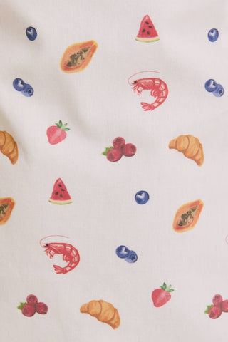 STRAPLESS SMOCKED BACK FOOD MIX GRAPHIC MINI DRESS