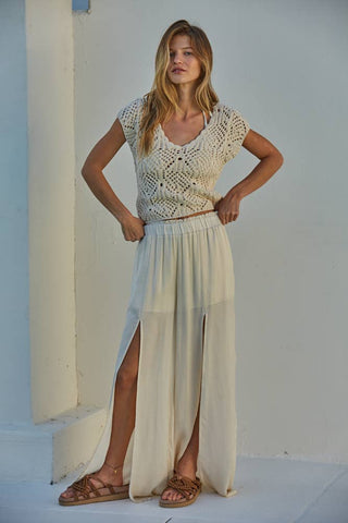 Knit Sweater Cotton Crochet V-Neck Cap Sleeve Top