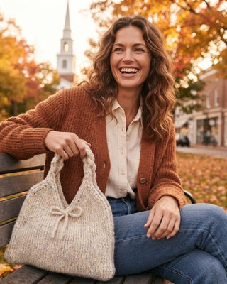 Cute Bow Knot Knit Handbag Underarm Bag / Beige