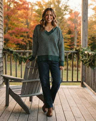 Heather Contrast Stitch V-Neck Sweater / Forest