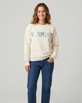 Vermont Crewneck Sweatshirt with Patchwork Lettering / Ivory Blue