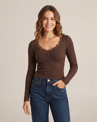Monica Lace Trim V Neck / Brown