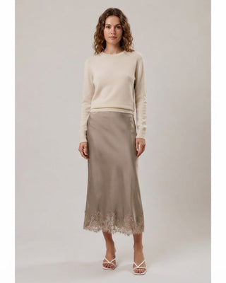 Olivia Satin Lace Hem Midi Skirt / Mocha