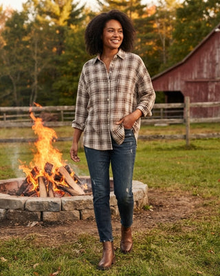 Mari Oversized Plaid Button Down Shirt / Beige Plaid