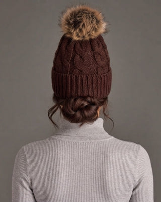 Dk. Brown Cable Knit Pom Hat