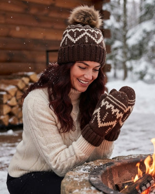 Chocolate Brown & Beige Patterned Pom Hat