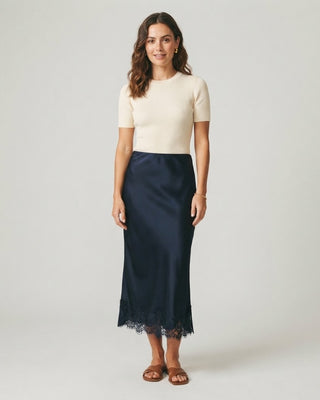 Olivia Satin Lace Hem Midi Skirt / Navy