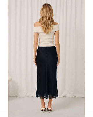 Olivia Satin Lace Hem Midi Skirt / Navy