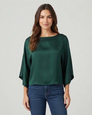 Indra Satin Boatneck Dolman Top / Forest Green
