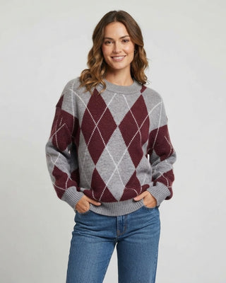 Ori Oversized Argyle Crewneck / Wine Multi