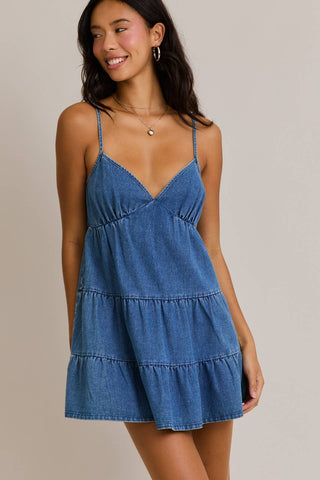 SPAGHETTI STRAP TIERED DENIM DRESS