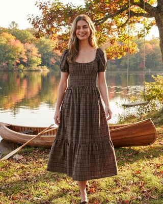 Autumn Plaid Midi Dress / Mocha Multi
