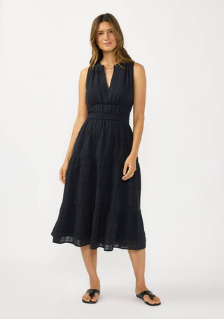 V-Split Neck Tiered Midi Dress with Pockets