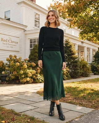 Olivia Satin Lace Hem Midi Skirt / Green