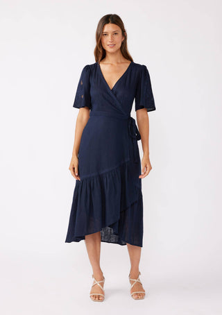 Embroidered Midi Wrap Dress