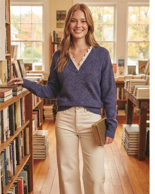 Chester Ruffle Trim V Neck Sweater / Denim