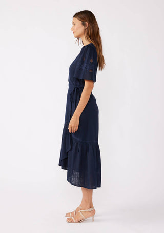 Embroidered Midi Wrap Dress