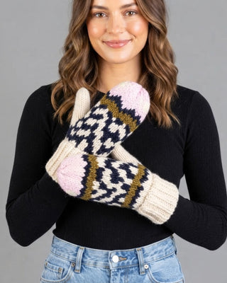 Beige, Navy & Lt. Pink Patterned Mittens