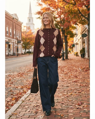 Autumn Argyle Mock Neck Cardigan / Oxblood