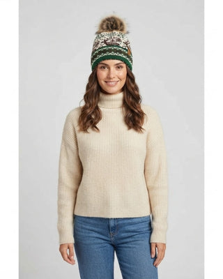 Cream Deer Winter Pattern Pom Hat / Cream