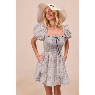 FLORAL STRIPED BALLON SLEEVES DRESS