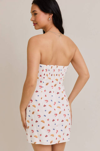STRAPLESS SMOCKED BACK FOOD MIX GRAPHIC MINI DRESS
