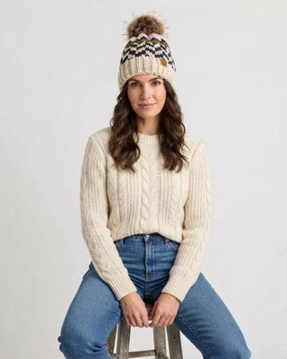 Beige, Navy & Lt. Pink Patterned Pom Hat