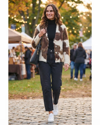 Presley Cow Pattern Cardigan / Ivory Brown