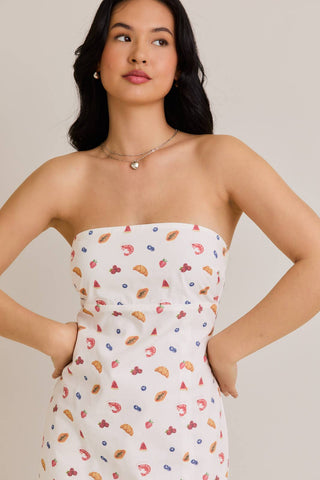 STRAPLESS SMOCKED BACK FOOD MIX GRAPHIC MINI DRESS