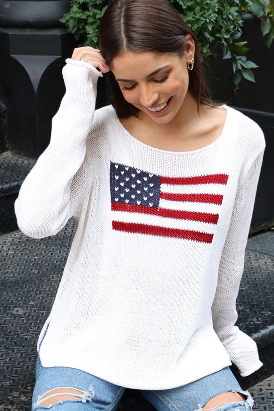 Flag Crew Cotton Knit Sweater / White