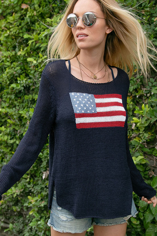 Flag Crew Cotton Knit Sweater / Indigo