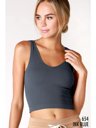 V Neck Ribbed Crop Top Ink Blue
