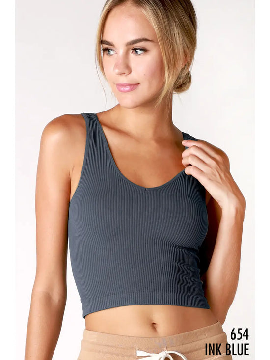 Load image into Gallery viewer, V Neck Ribbed Crop Top Ink Blue
