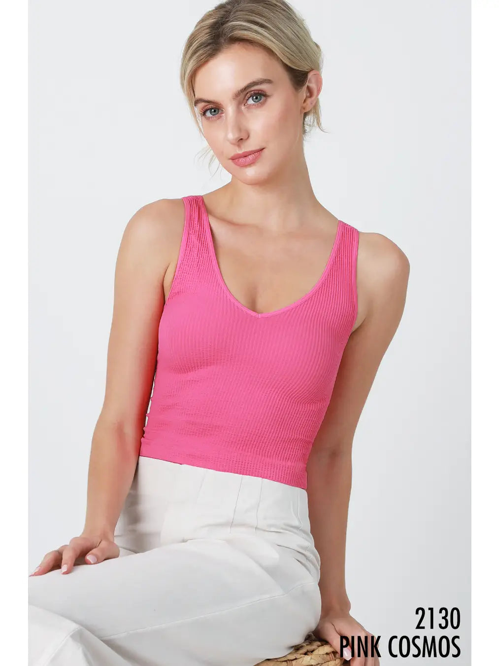 Load image into Gallery viewer, V Neck Ribbed Crop Top Pink Cosmos

