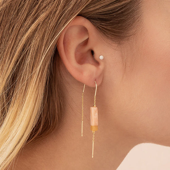 Load image into Gallery viewer, ET002 Rectangle Thread Earring Rose Quartz Amber Gold
