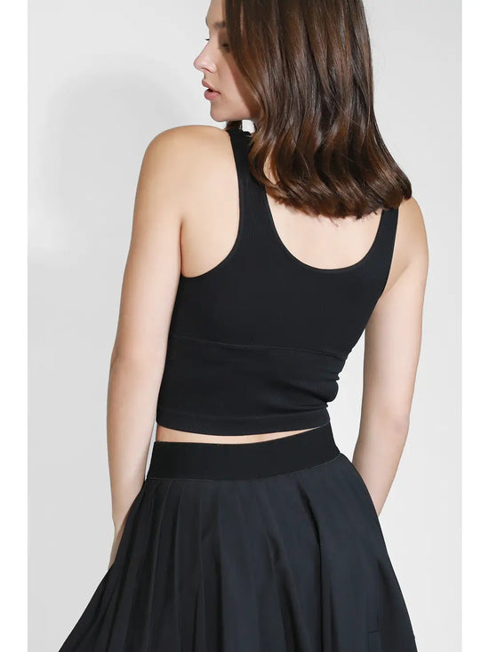 Back view of the Surplice Ribbed Crop Top in the color Black