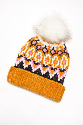 Chalet Fairisle Pom Beanie Mustard Combo
